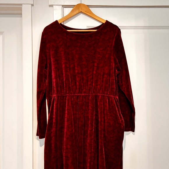 VTG Vermont Country Store Burgundy Velvet Burnout Floral Midi Dress Large Modest - Picture 2 of 9